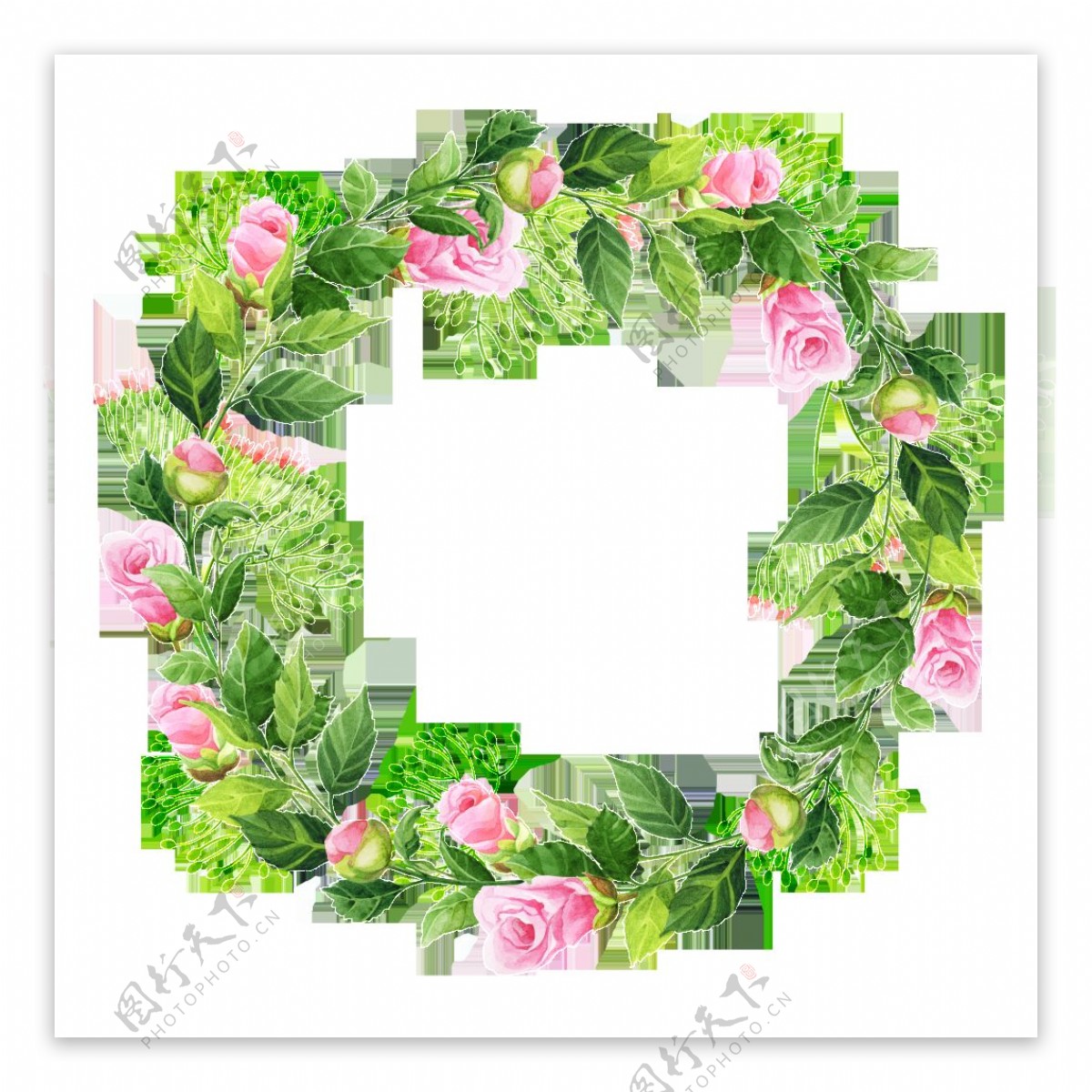 手绘粉色花卉绿色花环png透明素材
