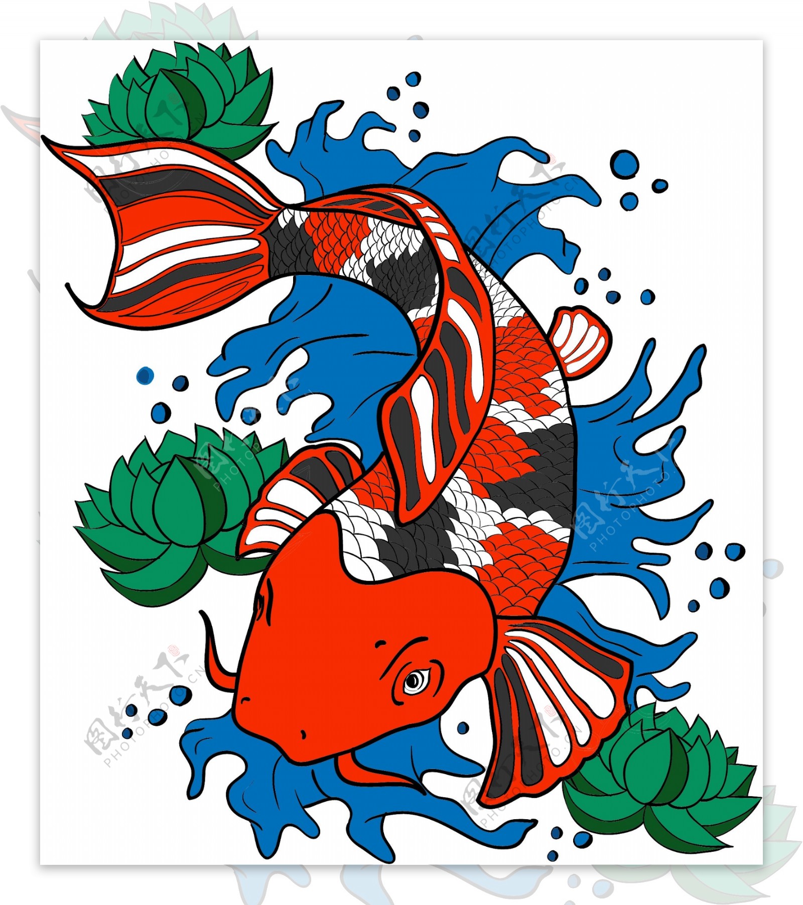 李小姐小腿上的鲤鱼和花纹身图案 - 广州纹彩刺青