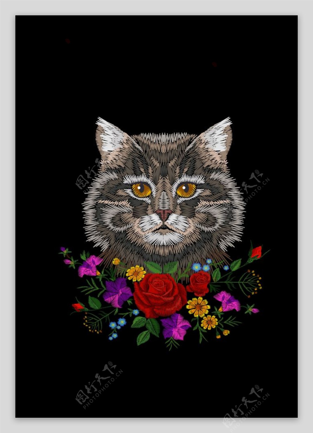 猫咪花朵花卉刺绣矢量图下载