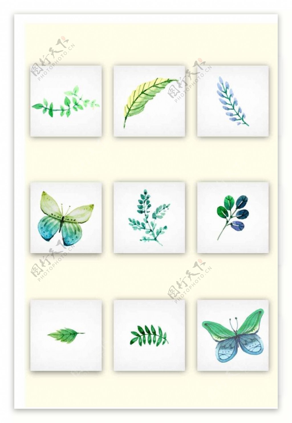 清新绿色手绘树叶蝴蝶矢量图素材