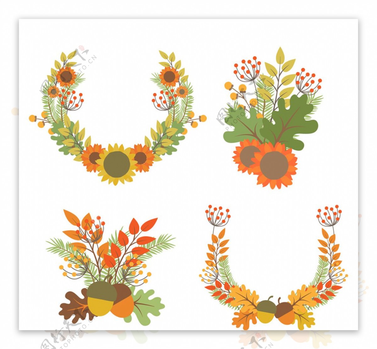 4款彩色秋季花束和花环矢量图