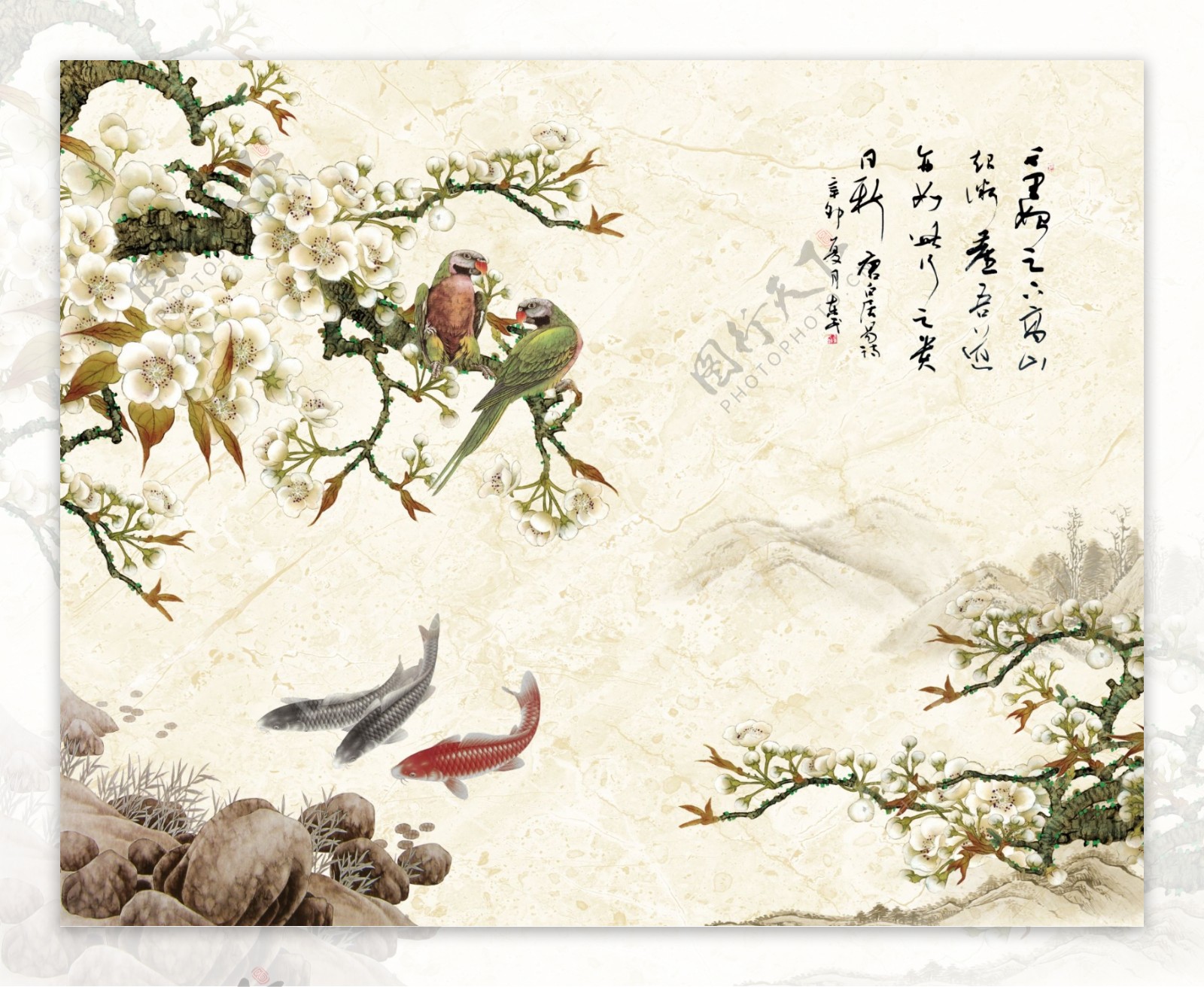 手绘工笔花鸟新中式背景墙装饰画