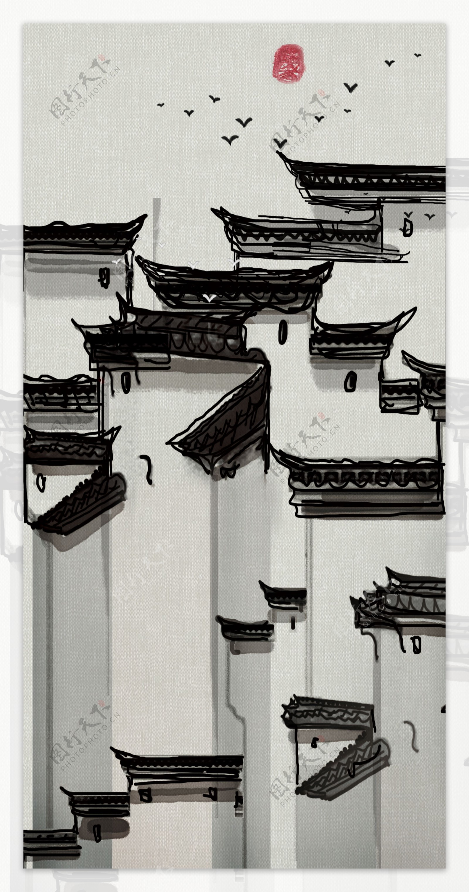 新中式徽派建筑现代风玄关装饰画