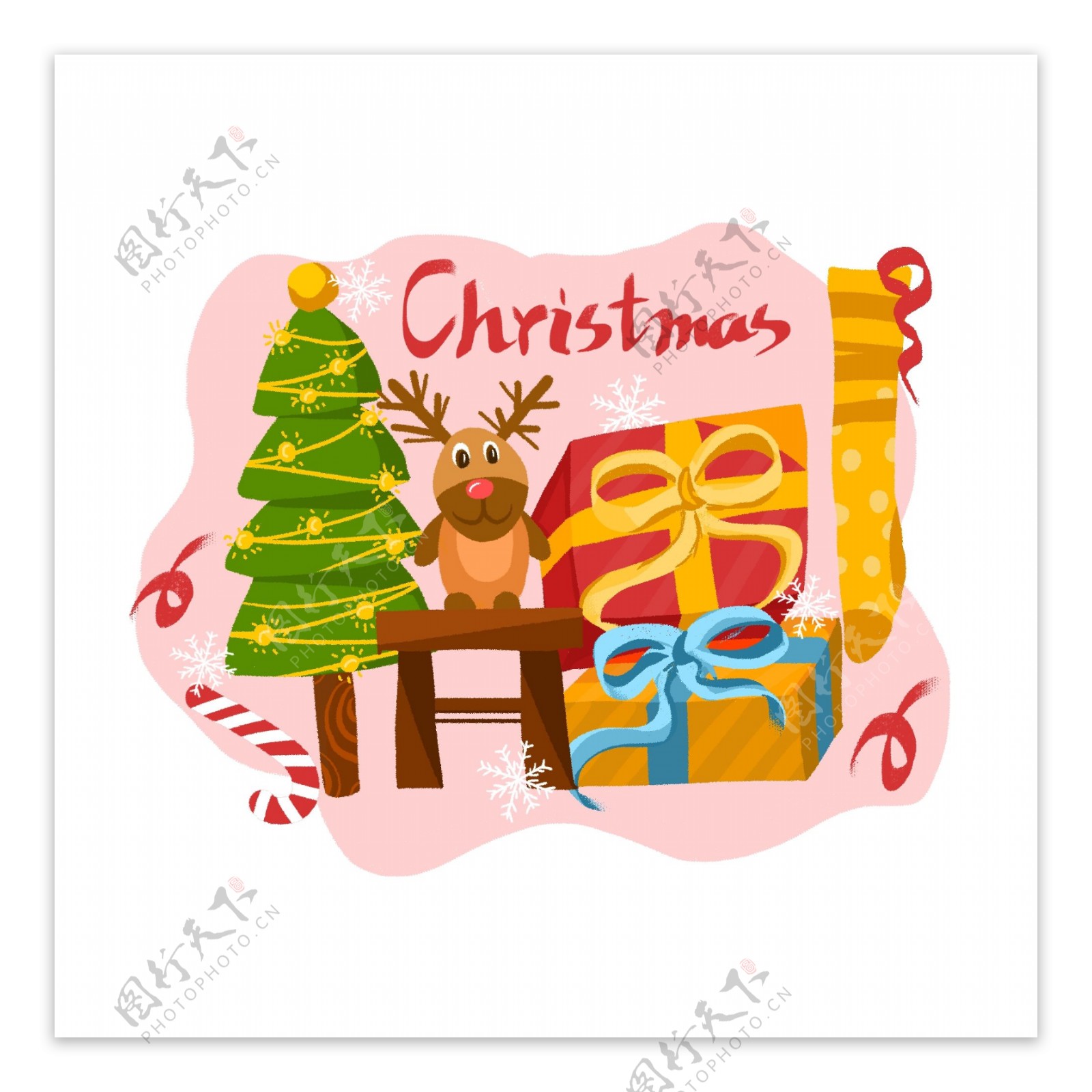 原创手绘可爱风麋鹿圣诞树圣诞节礼物盒