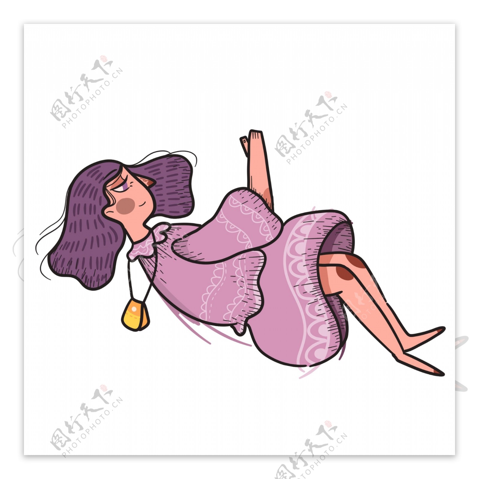 躺着的穿着紫色套装的女孩