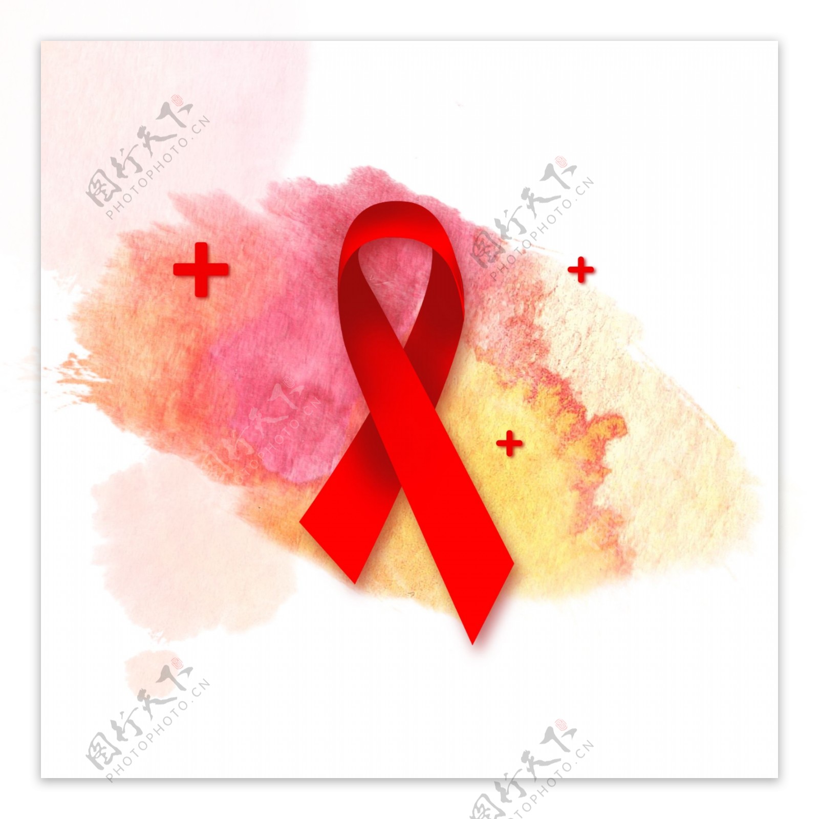 艾滋病日元素标志红丝带水彩痕迹可商用