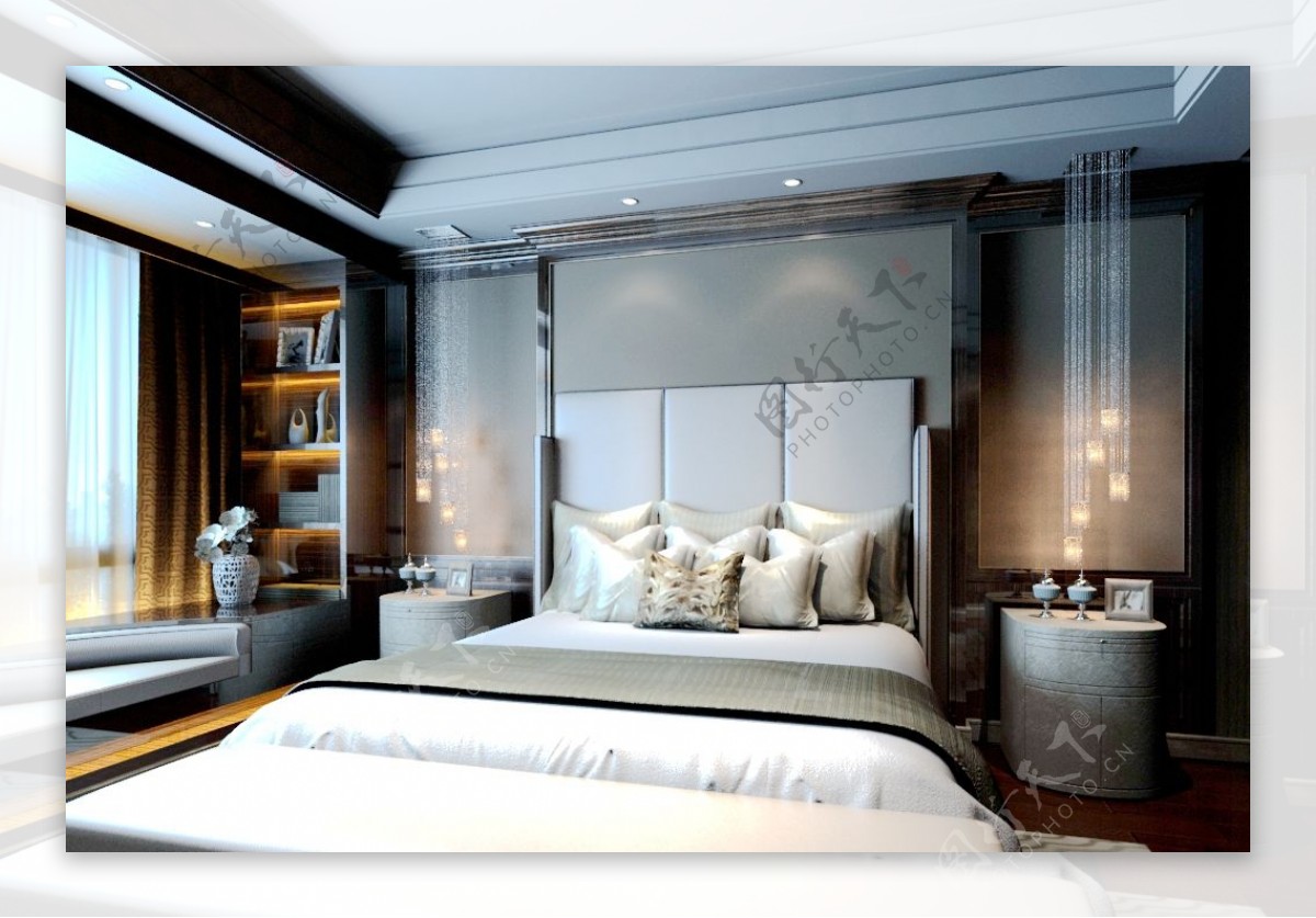 新中式复古家装卧室效果图
