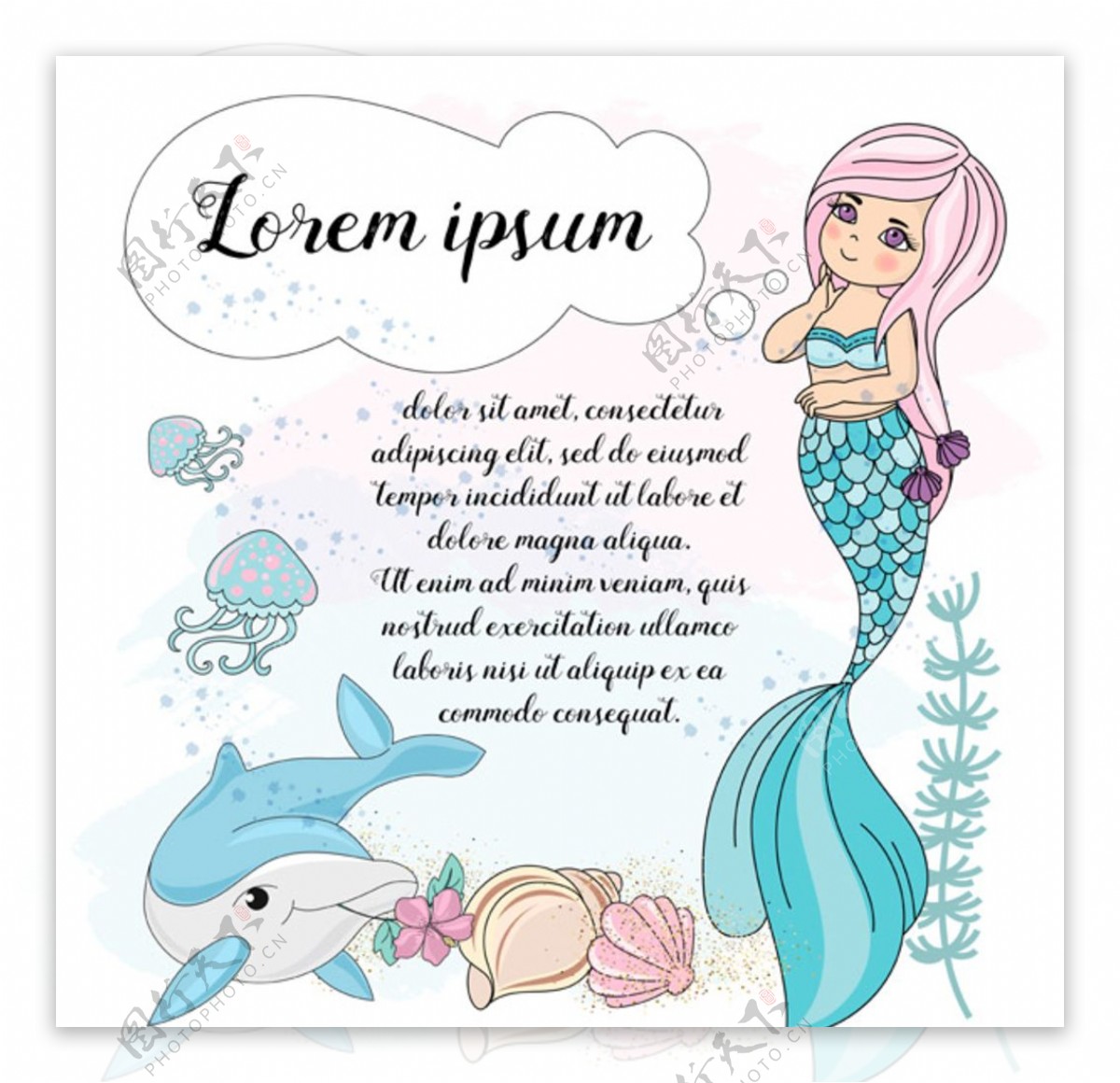 卡通美人鱼海豚和海螺