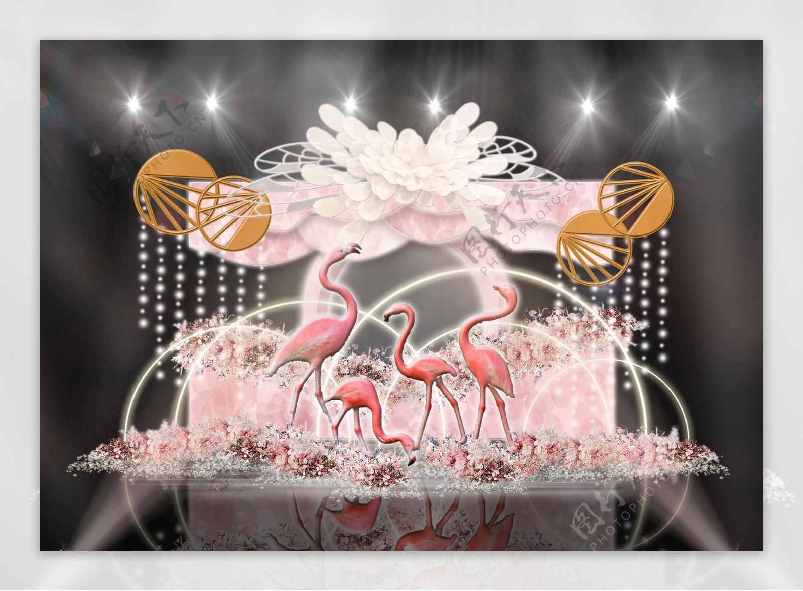 粉色礼物盒造型舞台火烈鸟波浪婚礼效果图