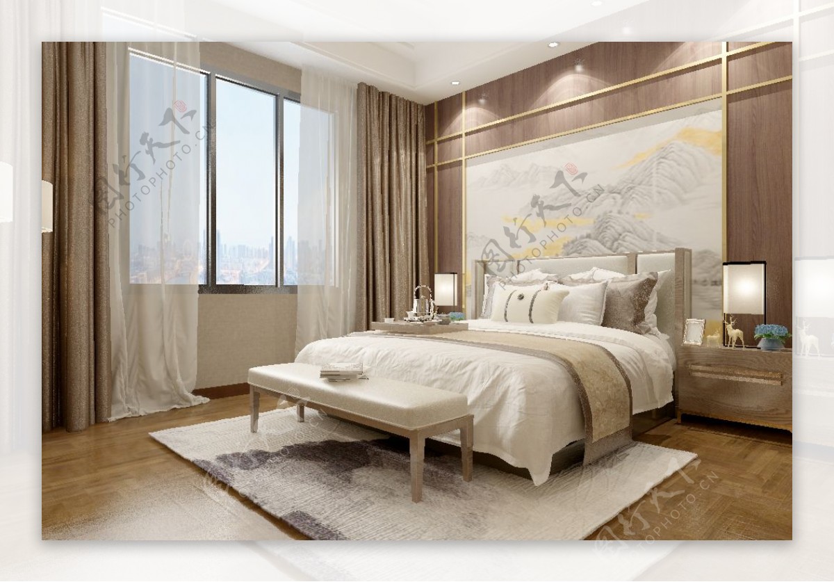 新中式风格时尚卧室效果图