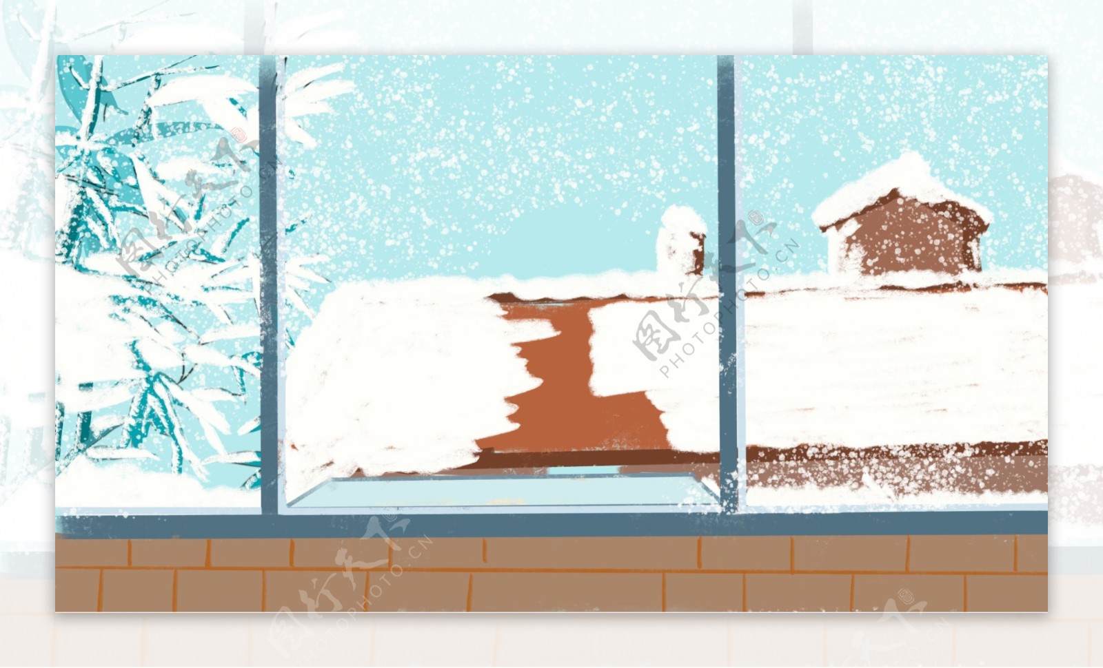 清新落地窗外雪景背景设计