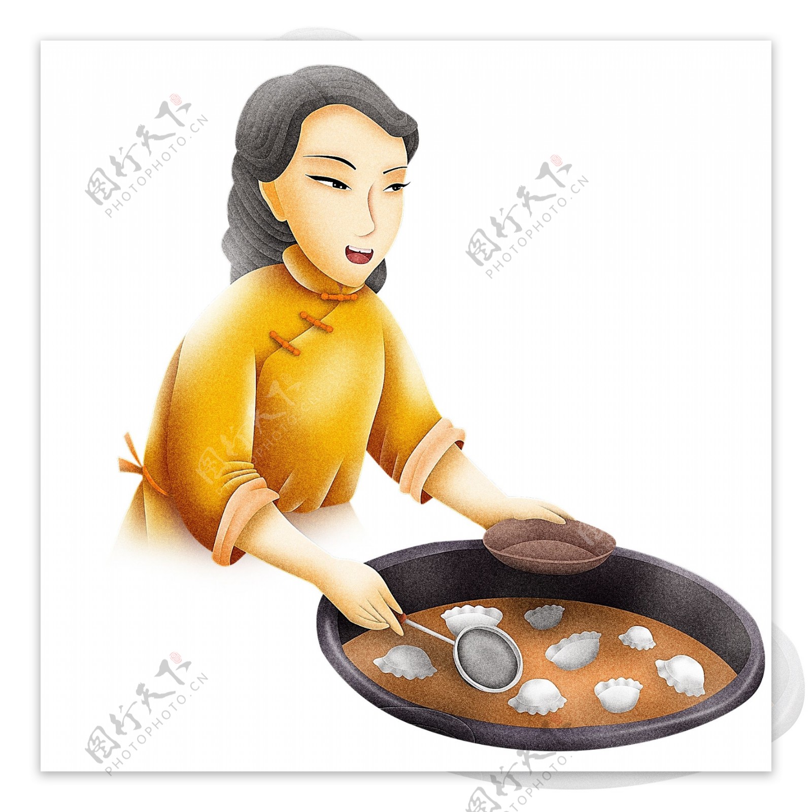 手绘煮饺子的中年妇女人物设计