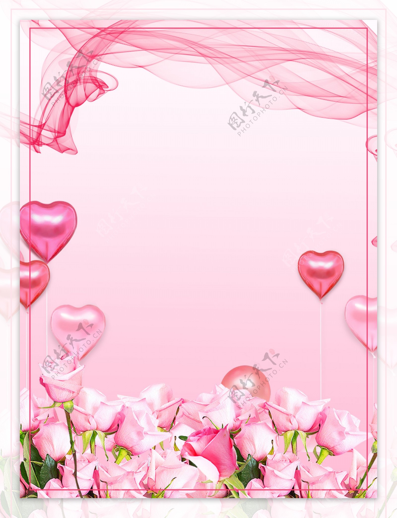 浪漫粉色爱心气球花朵感恩节背景素材