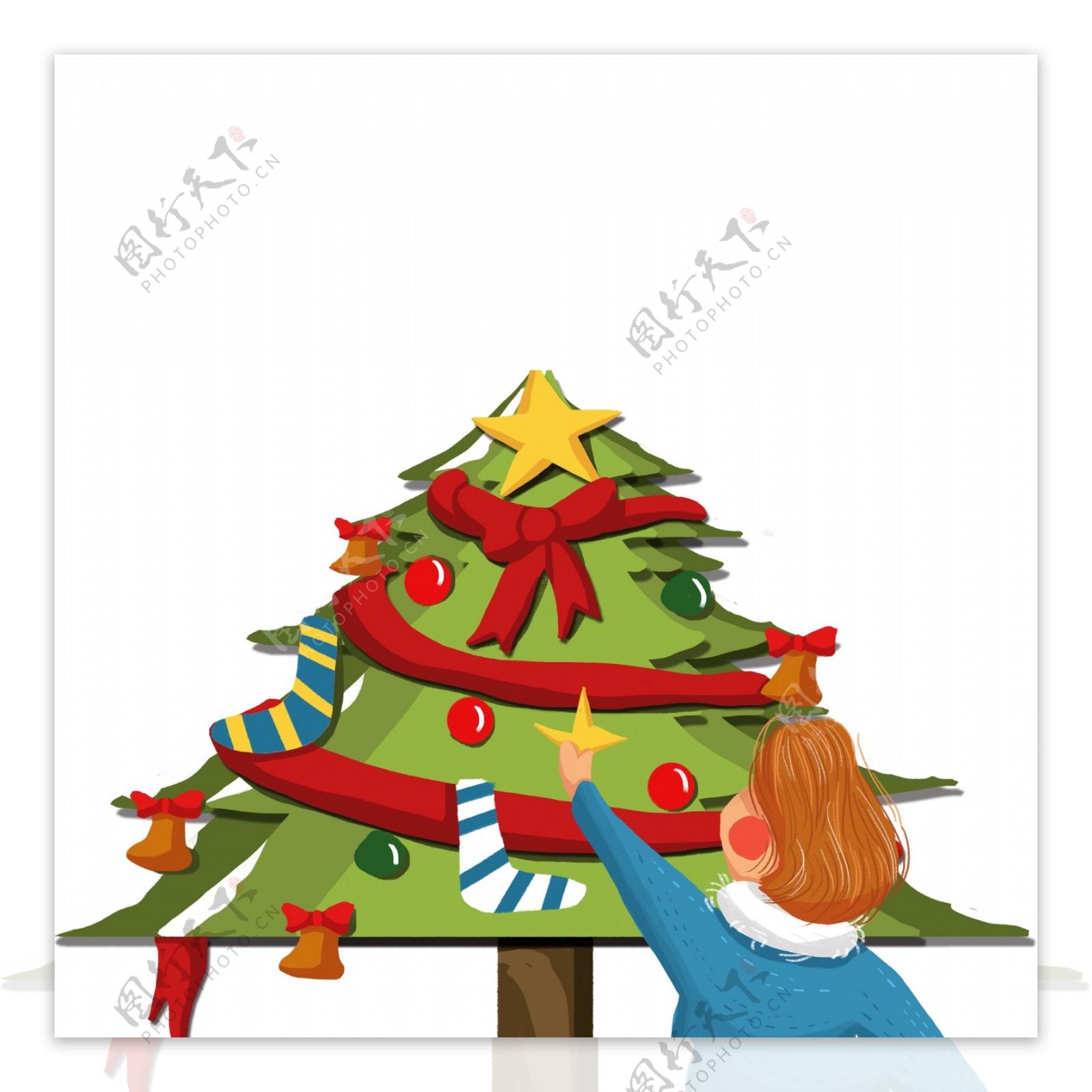 彩绘装饰圣诞树的女孩插画元素设计