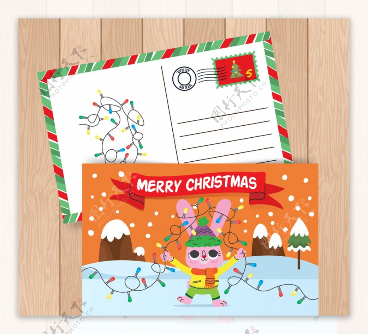 彩绘兔子圣诞节明信片正反面