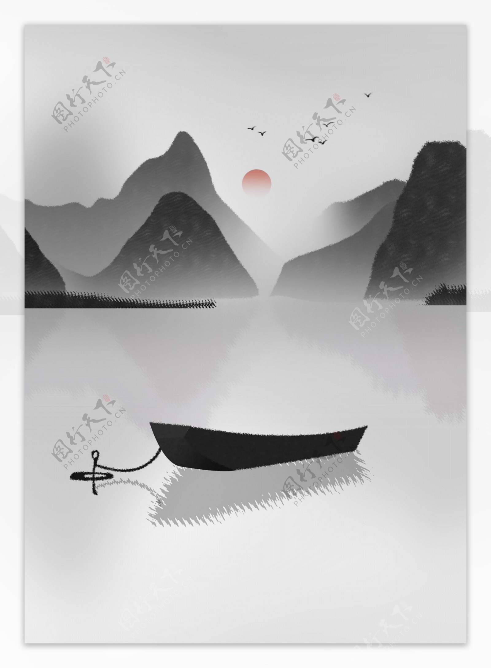 手绘中式插画静谧湖面山水客厅装饰画