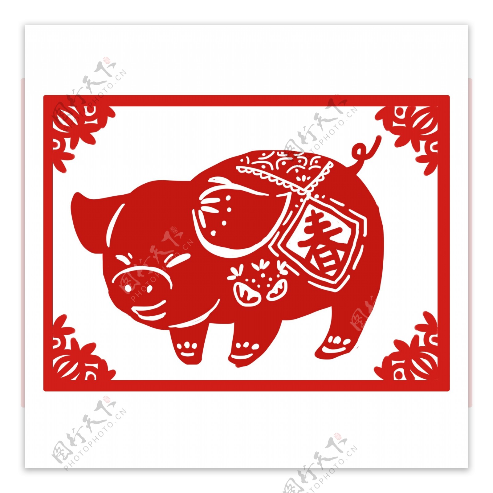 春节猪年窗花猪红色