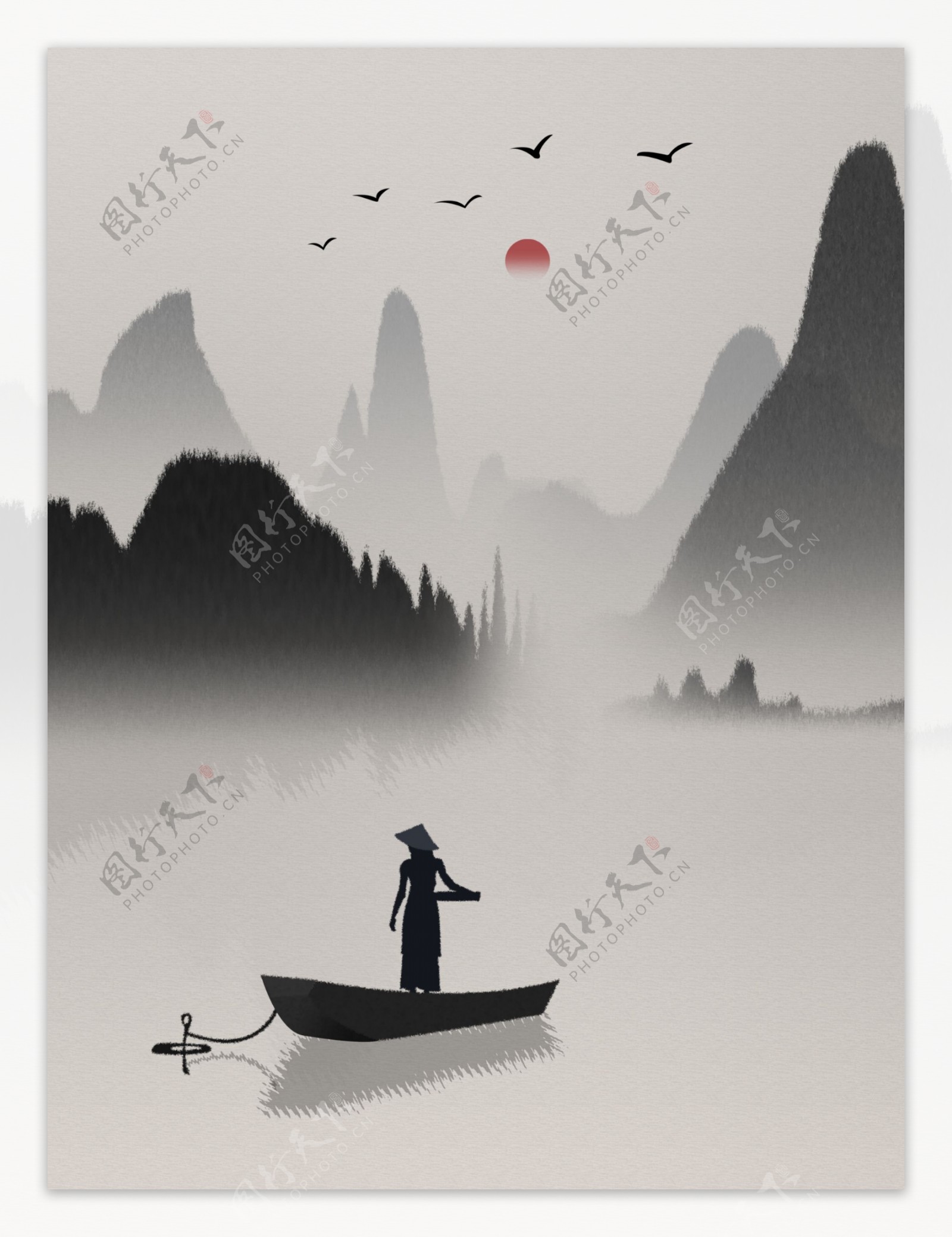 中式桂林山水打渔船山水装饰画