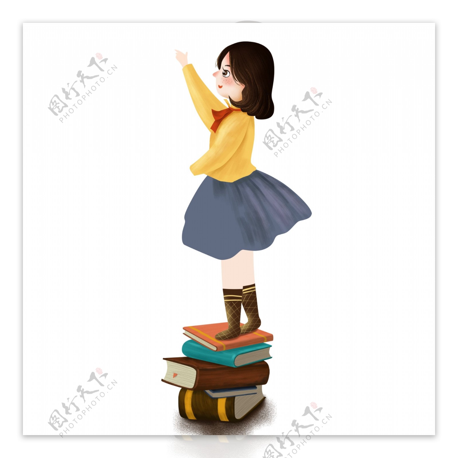 卡通站在一摞书上的女孩
