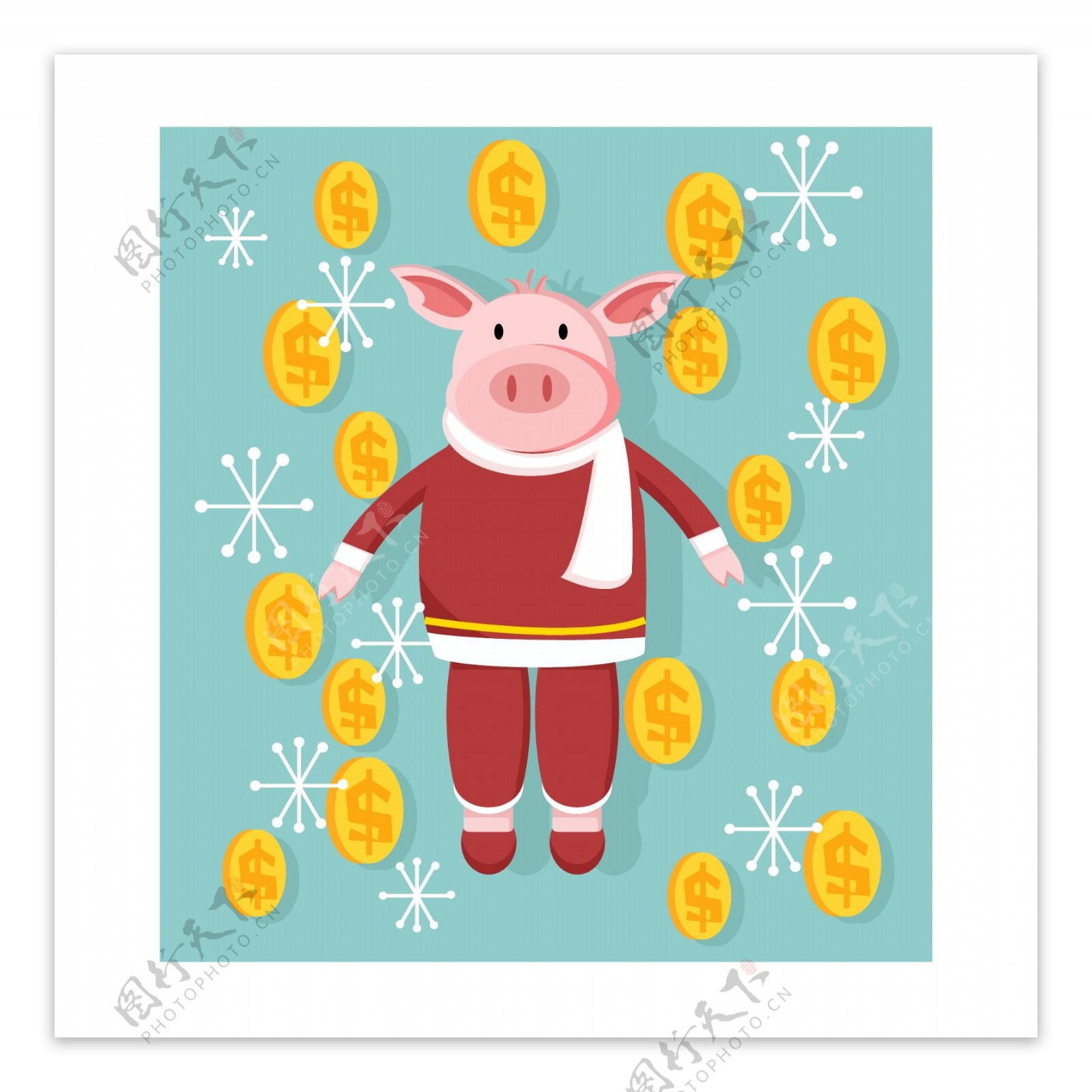 矢量可爱雪天下雪金币戴围巾猪邮票小贴纸