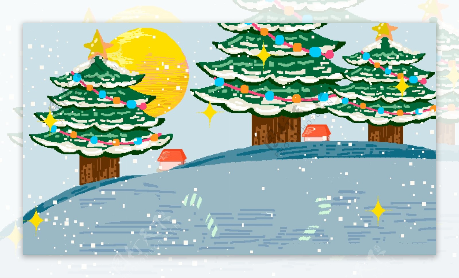 手绘雪地圣诞树背景素材