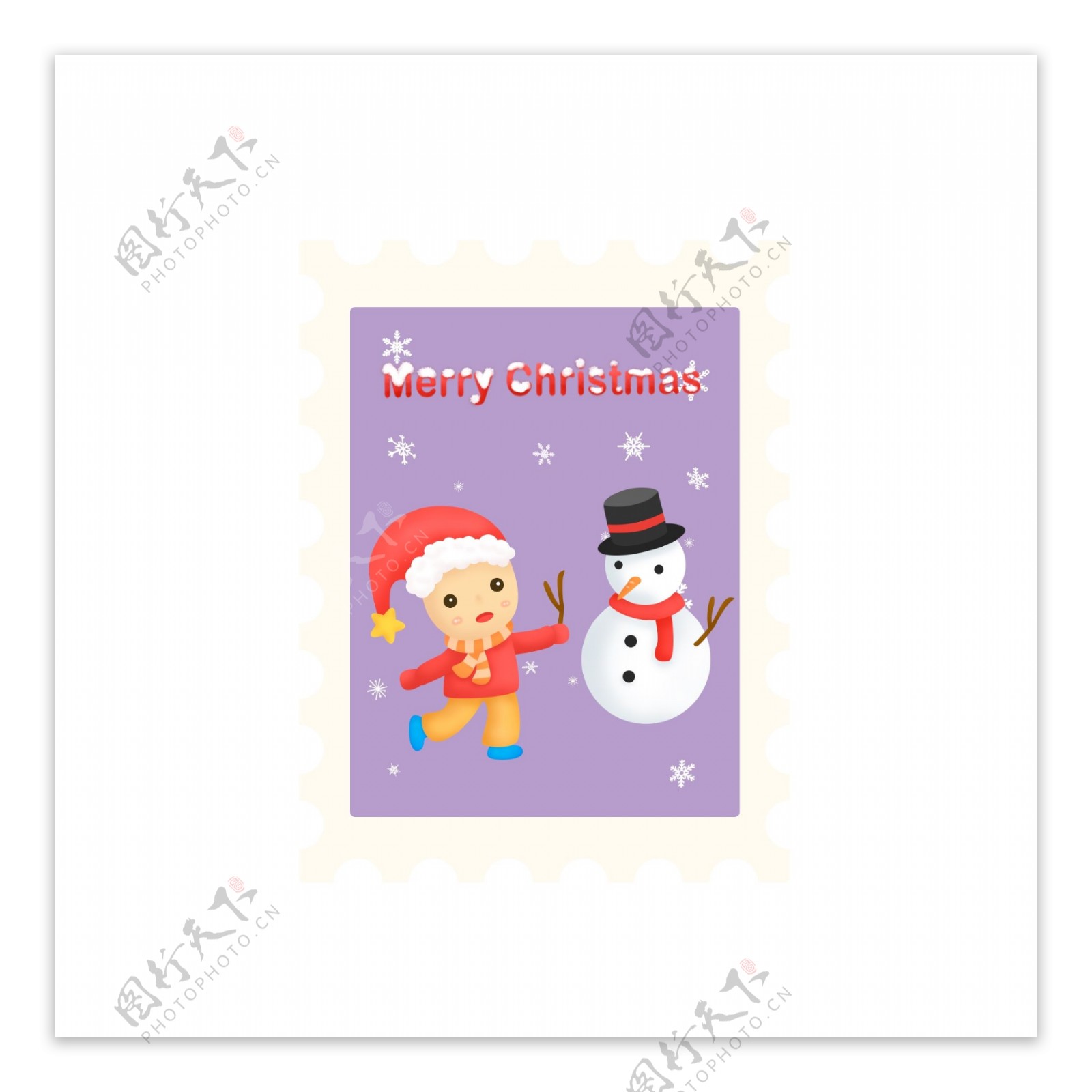 卡通可爱圣诞节邮票贴纸堆雪人元素