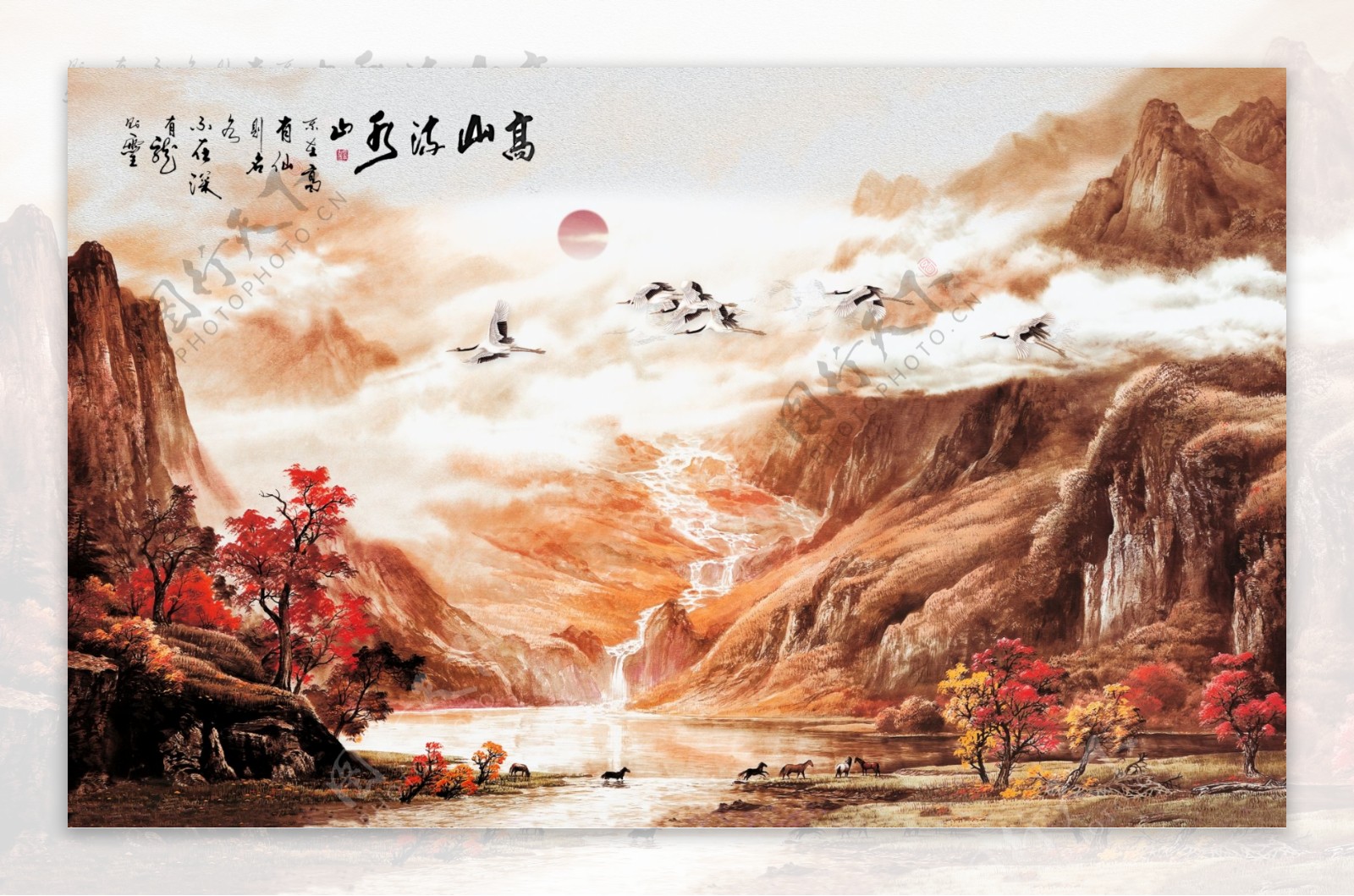 中式水墨国画玄关屏风背景底纹素