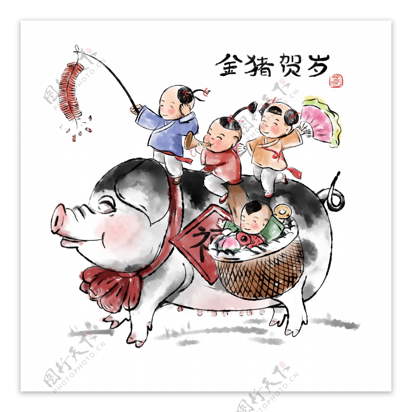 2019春节猪年水墨年画