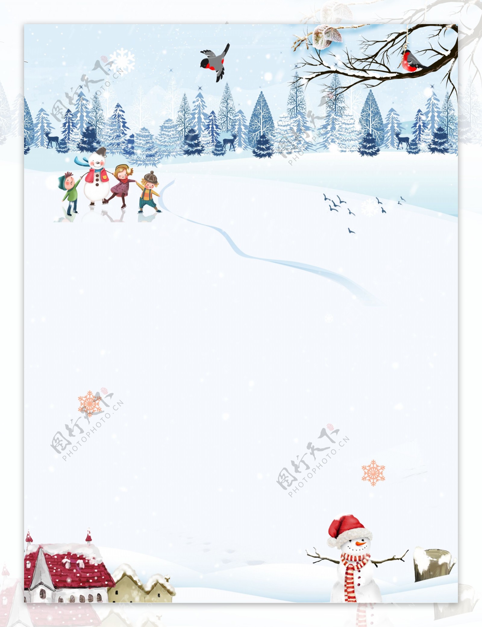 手绘雪地里打雪仗的儿童冬季背景素材