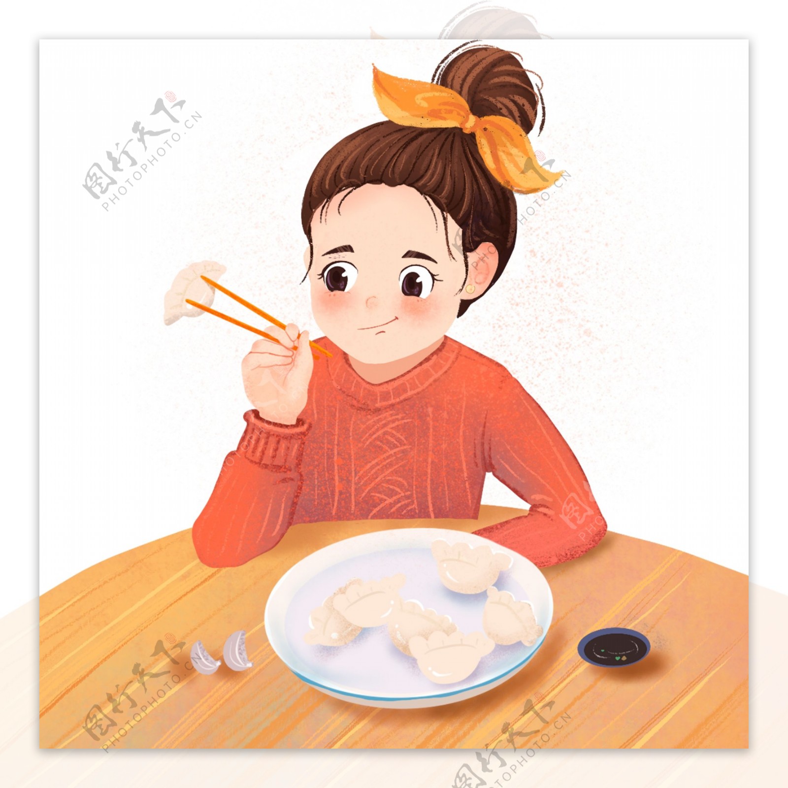 手绘吃饺子的小姑娘