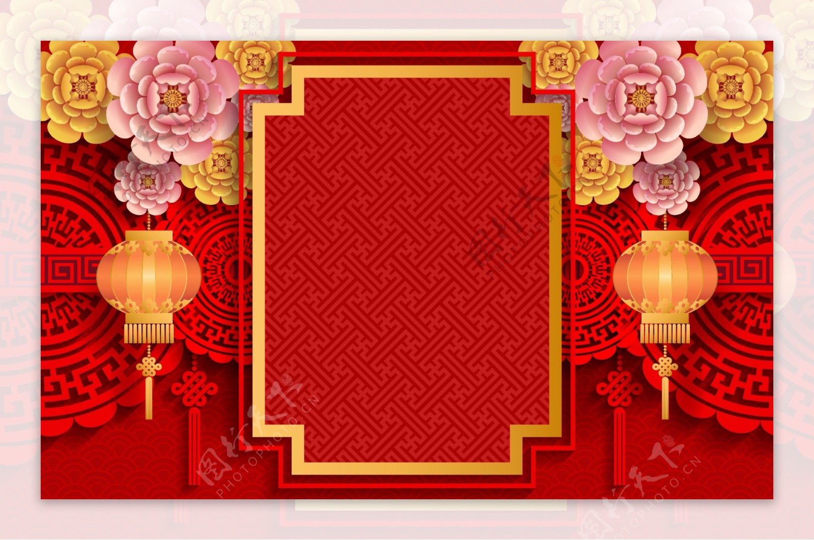 中国风花朵灯笼剪纸新年背景素材
