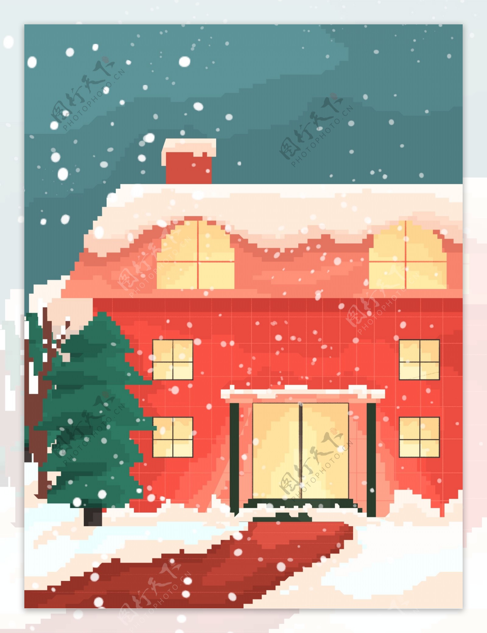 手绘圣诞节复古像素红房子背景素材