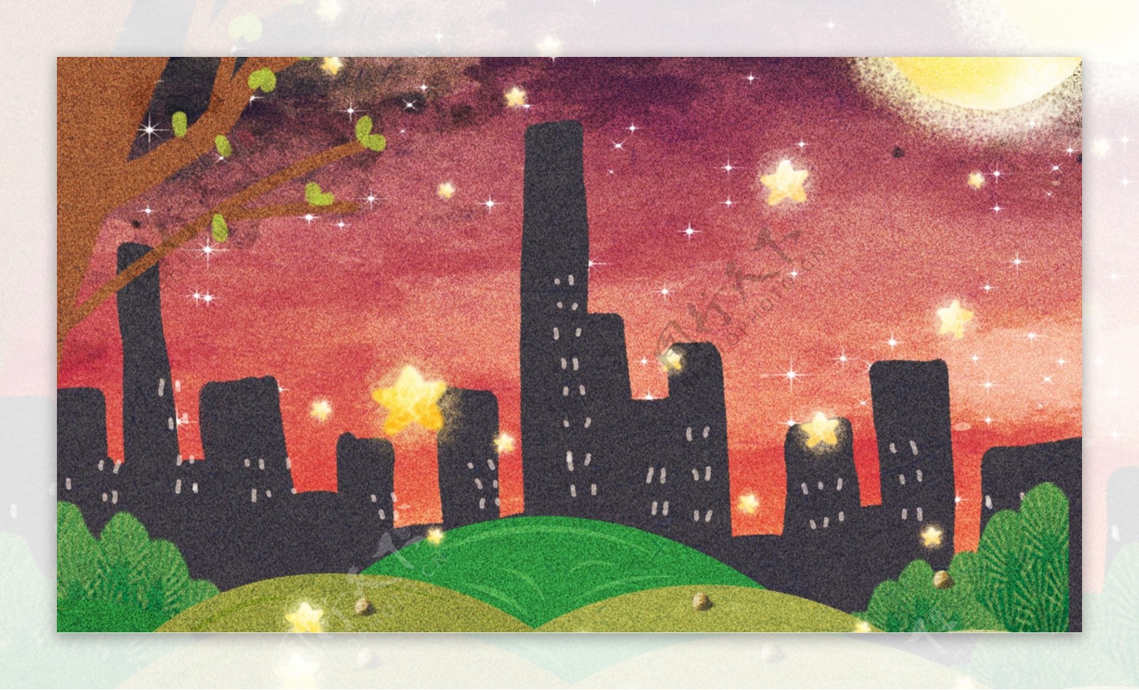 手绘炫彩天空下的城市背景素材