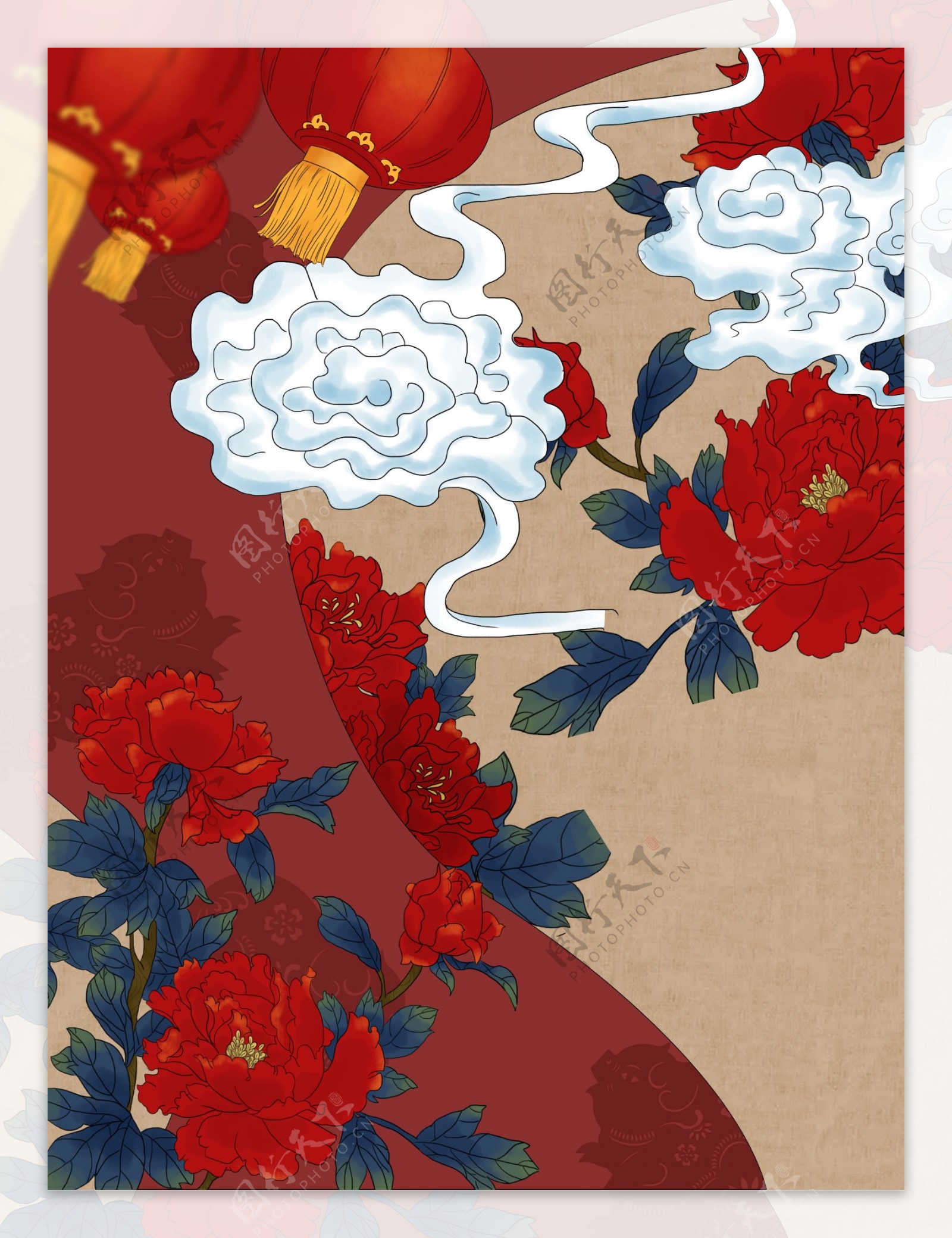 红色大气猪年花朵图案背景