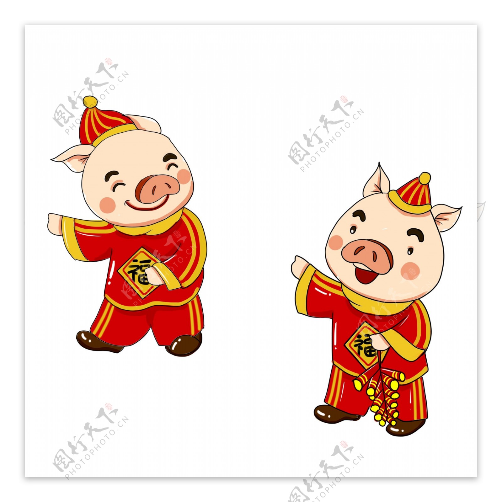 中国风喜庆拜年的两只小猪