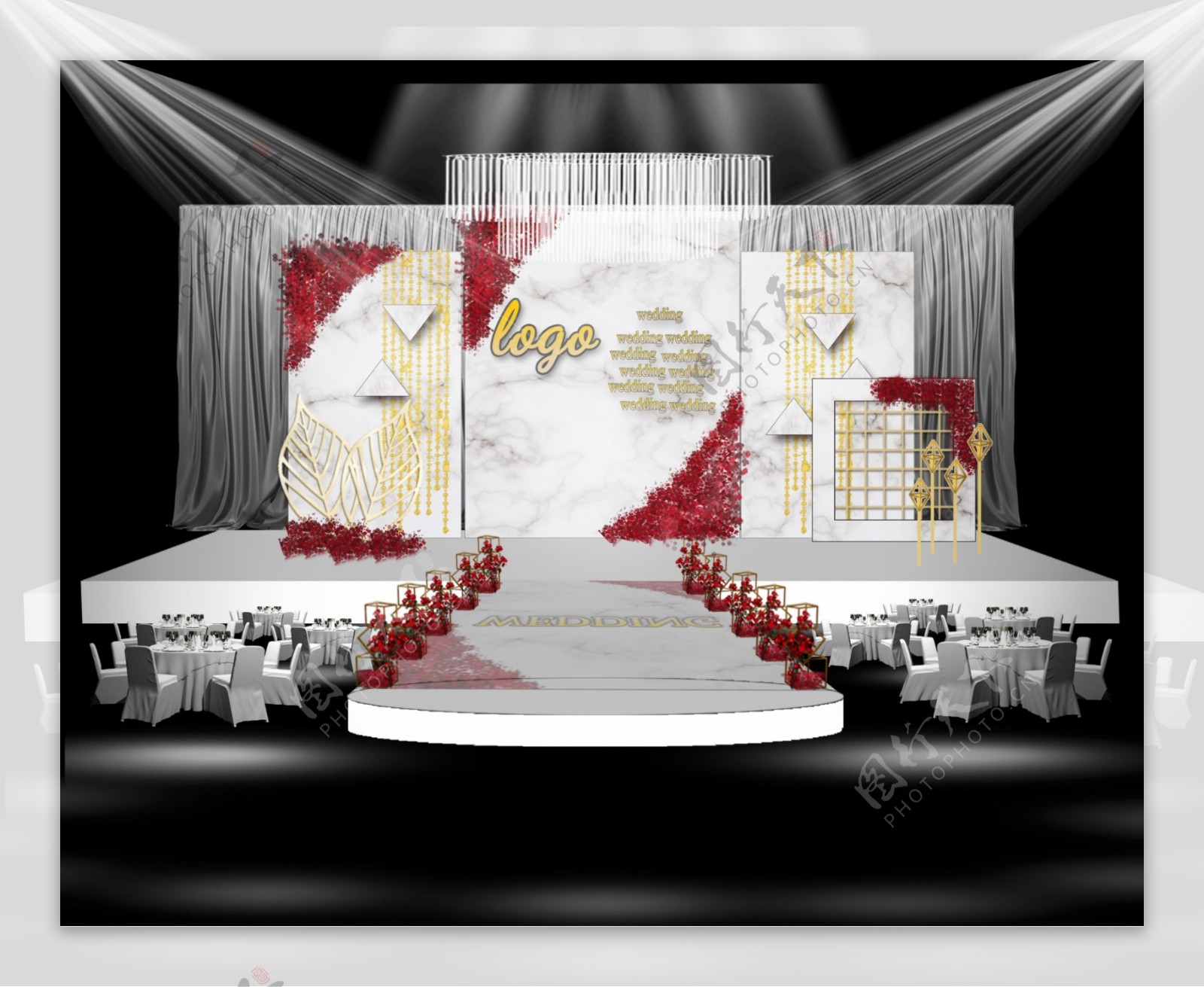 灰白色大理石分段设计红金配色婚礼设计图