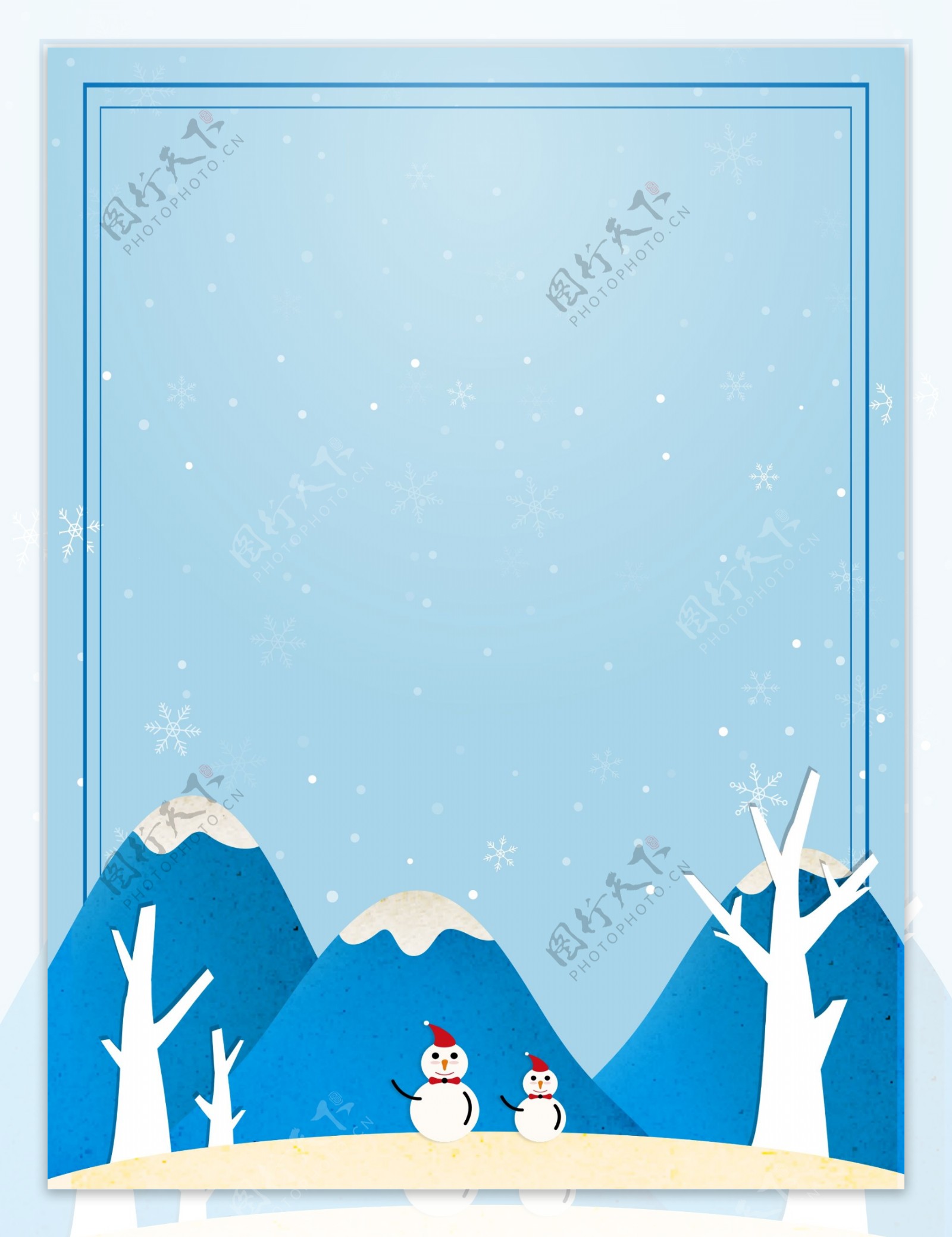 简约蓝色冬季雪山雪人背景