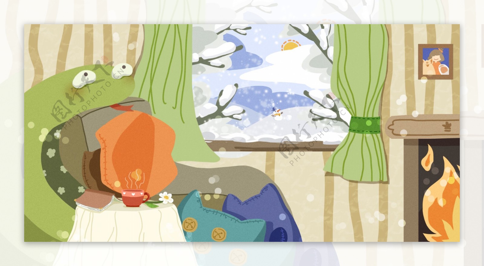手绘萌宠系列之冬日里的风景背景素材