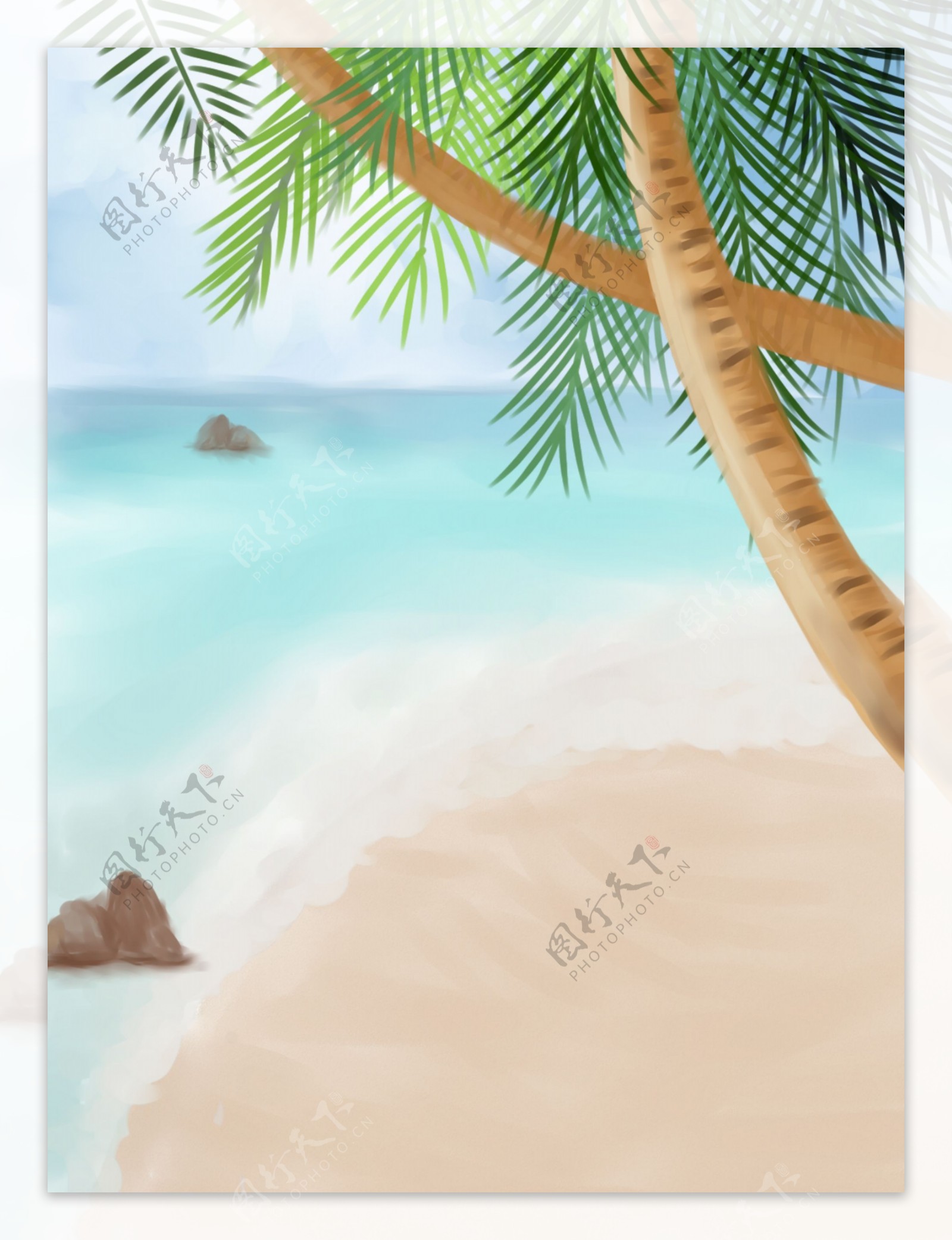 纯原创手绘水彩插画美景海滩椰树背景psd