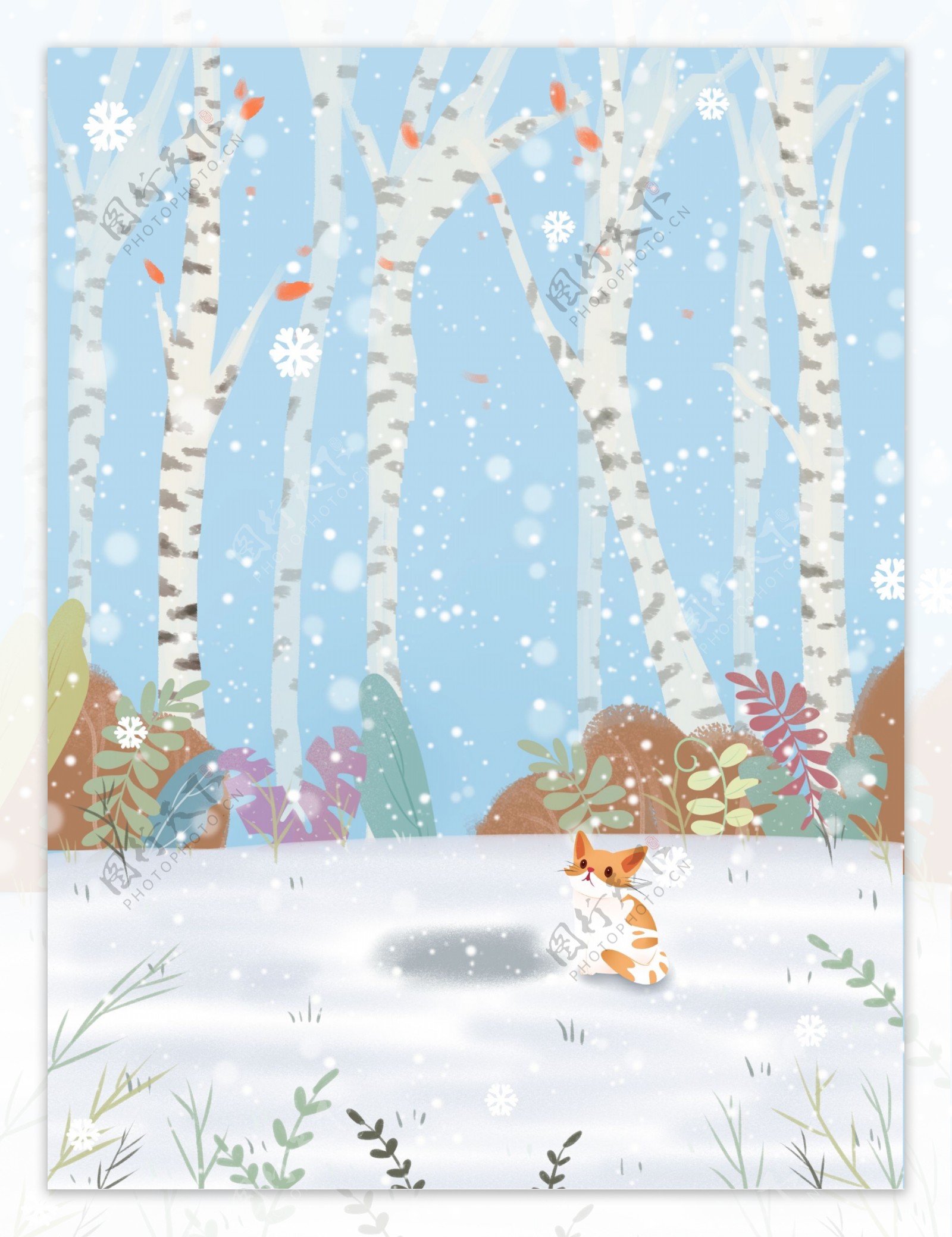 彩绘大雪节气树林雪地背景设计