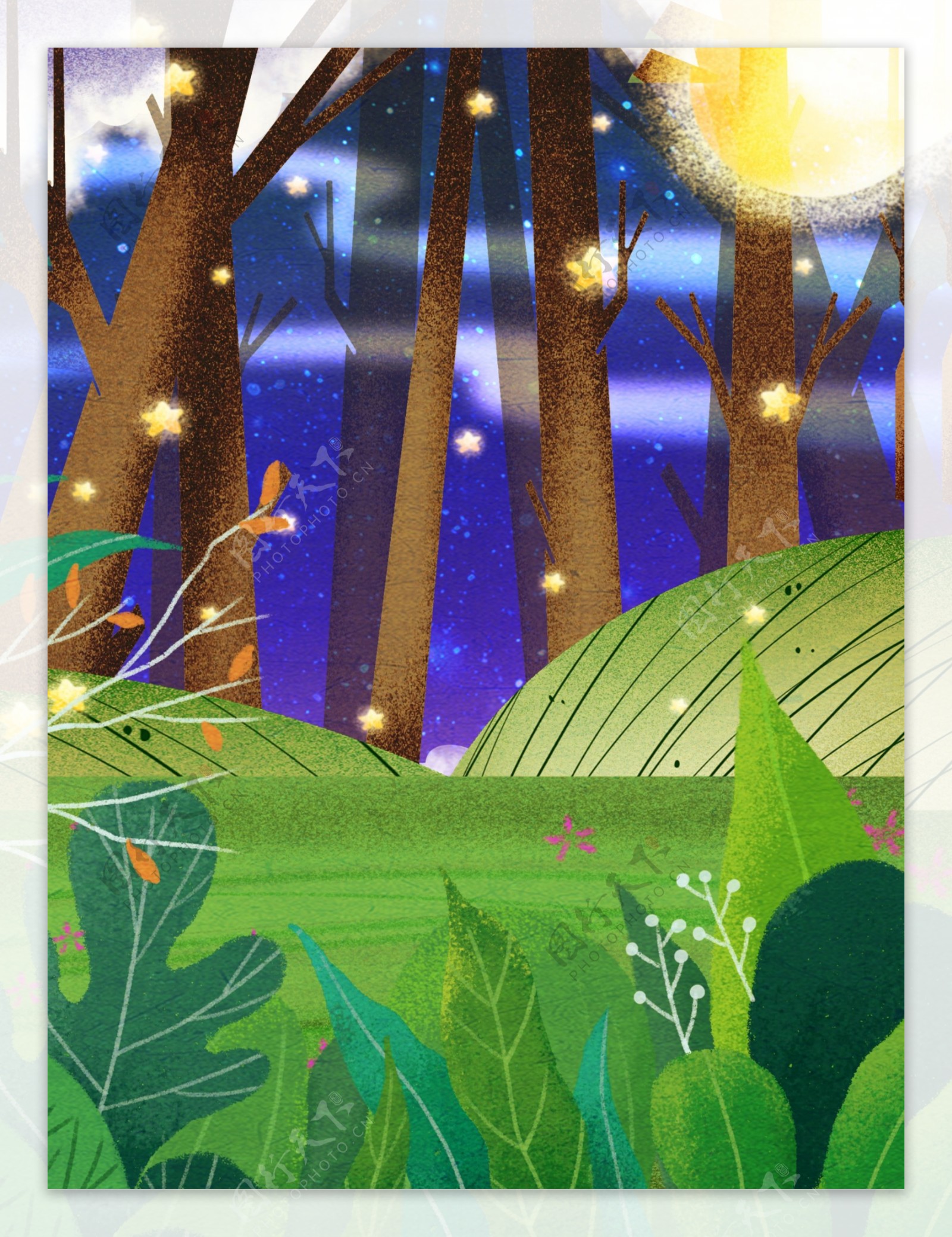 彩绘星空树林美景背景设计