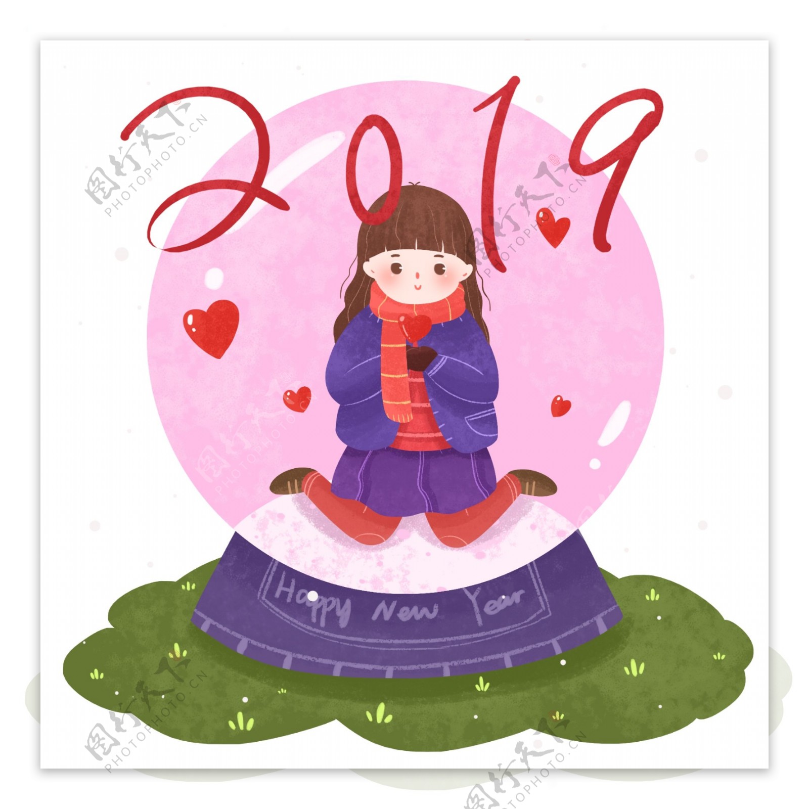 卡通可爱2019年新年元旦水晶球插画