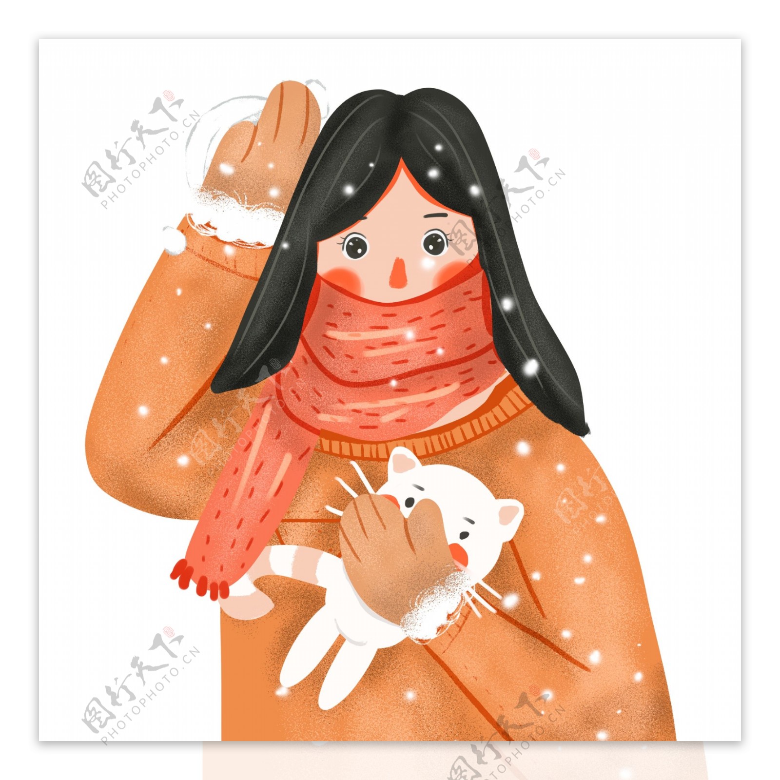 清新大雪中抱着兔子玩偶的女孩