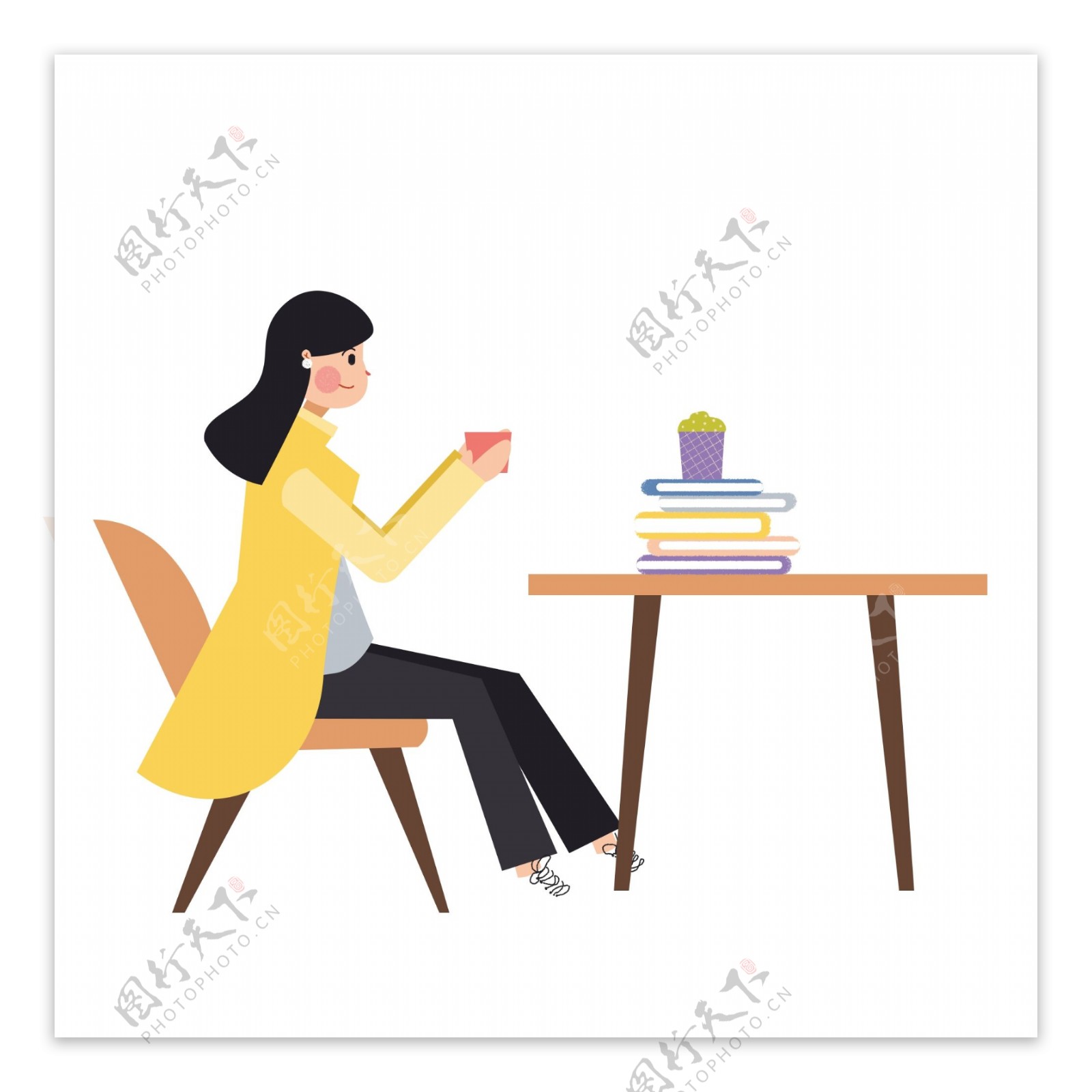 卡通坐在课桌上喝茶的女孩