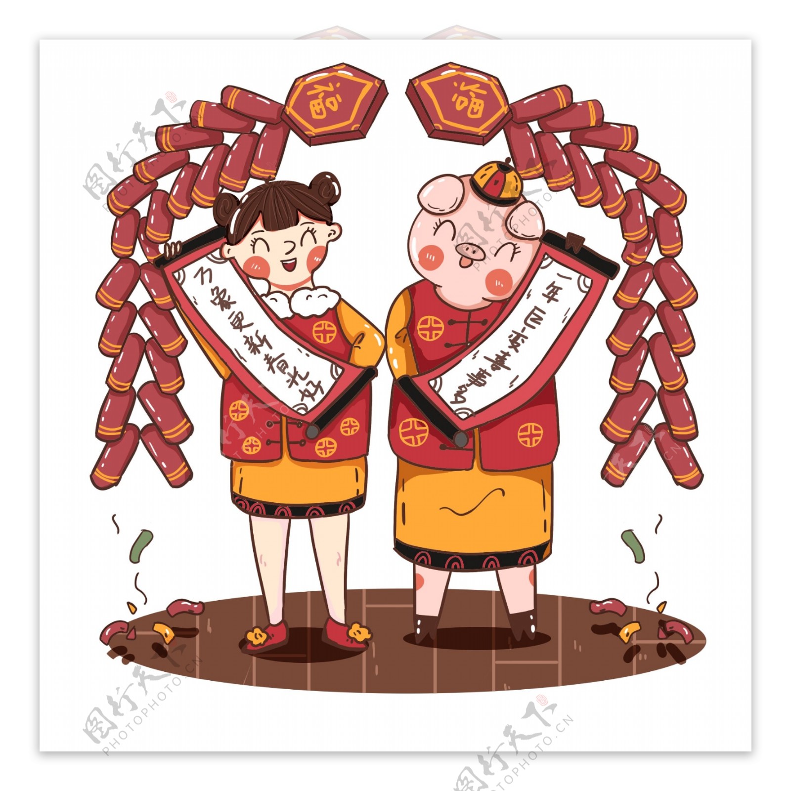 新年快乐女孩和猪红色手绘卡通可爱插画元素