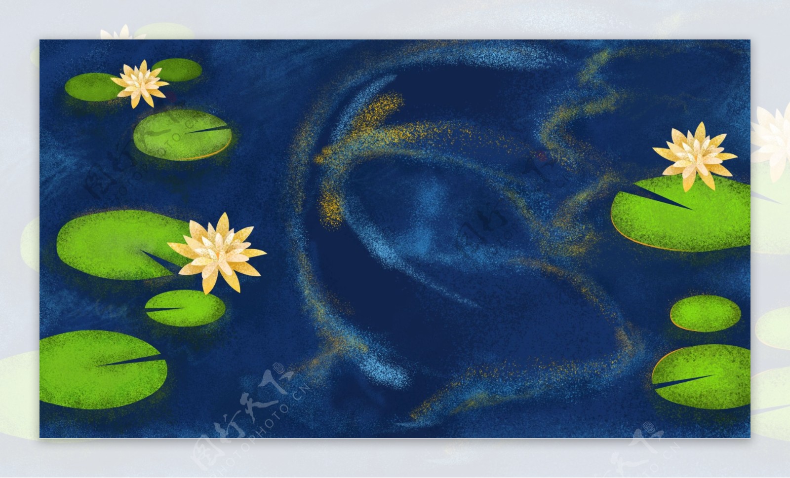 手绘河塘里的荷叶蓝色背景素材