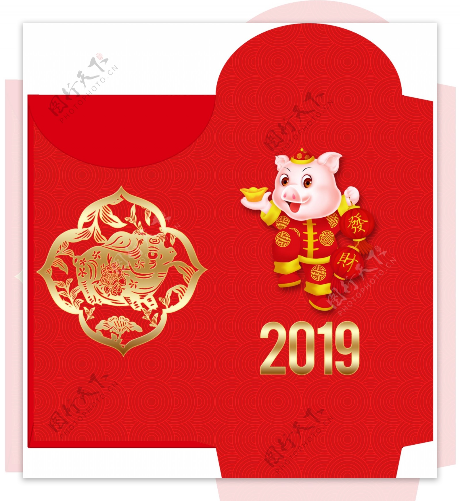 2019年创意简约红色猪年红包模板设计