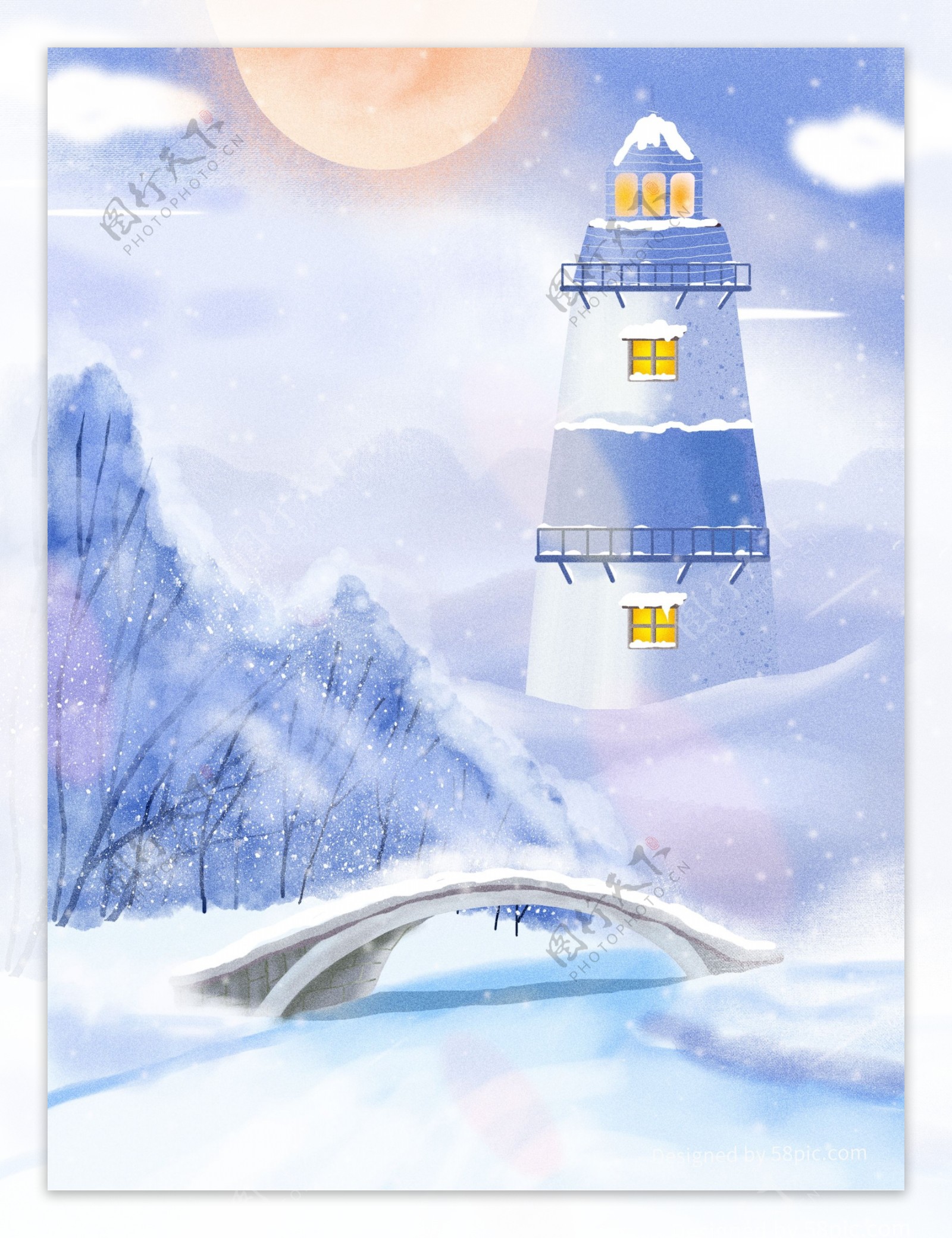 原创冬季风景远方山峰下雪插画