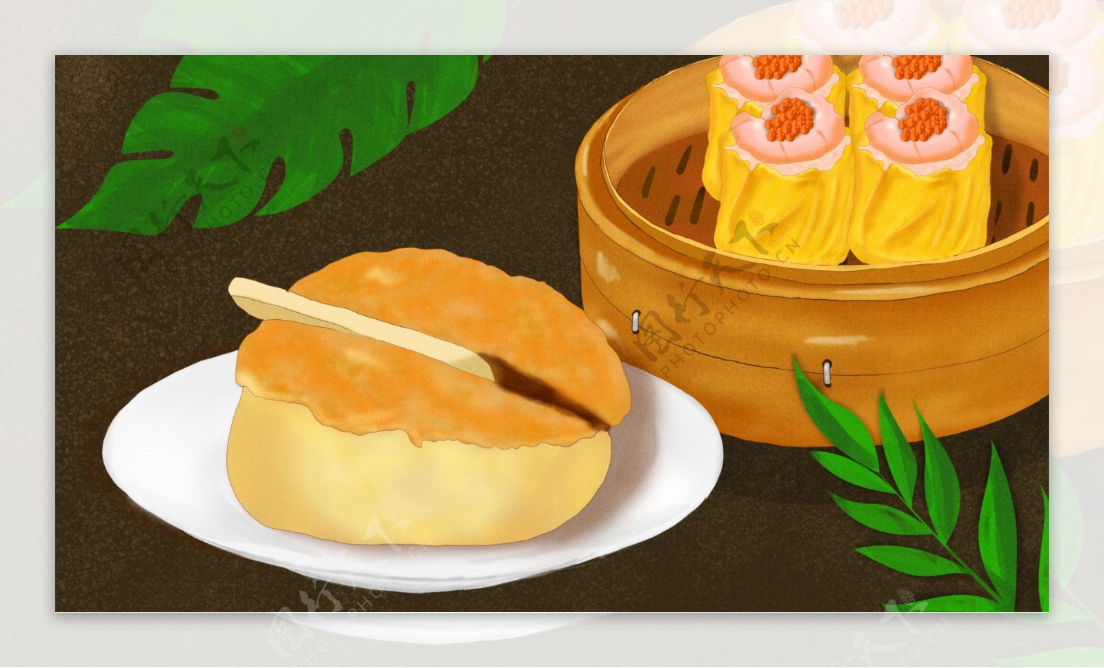 广东特产早茶系列之黄油菠萝包原创手绘插画