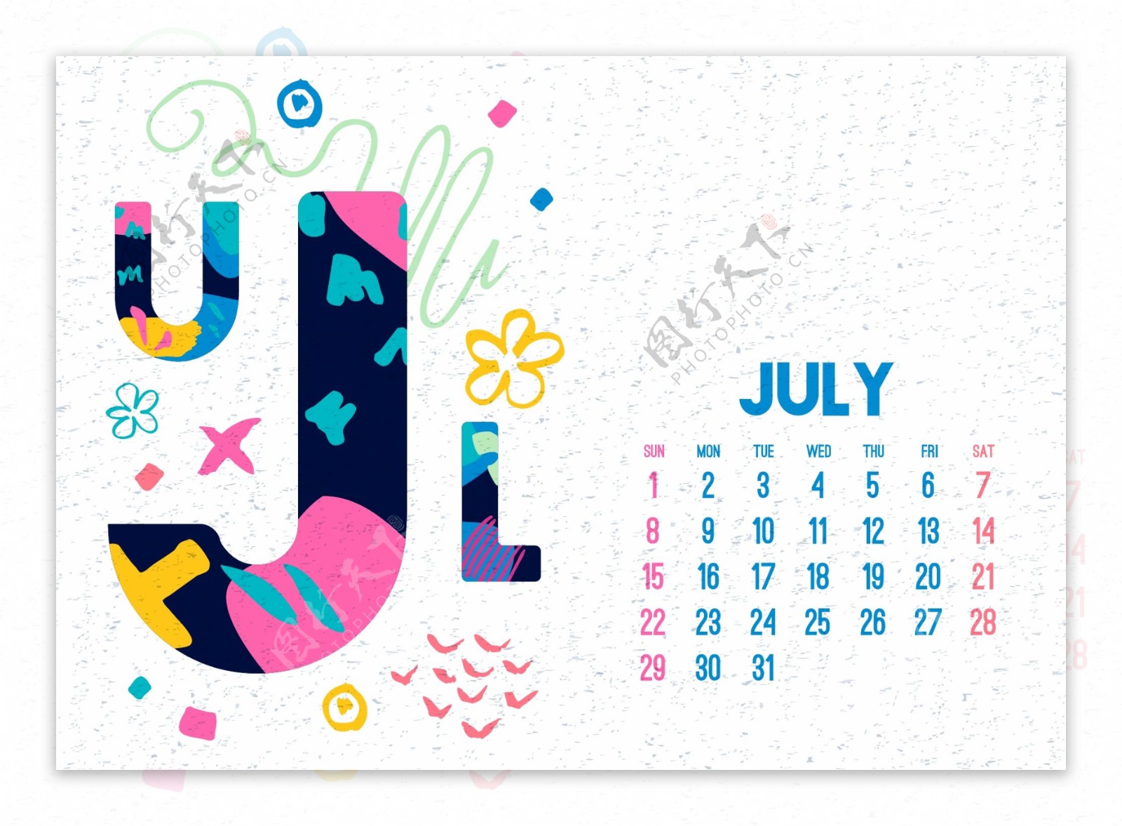 七月2018年日历设计矢量素材18年台历